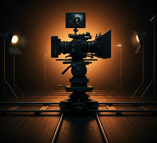 Cinema camera in a dark studio with warm practical light.